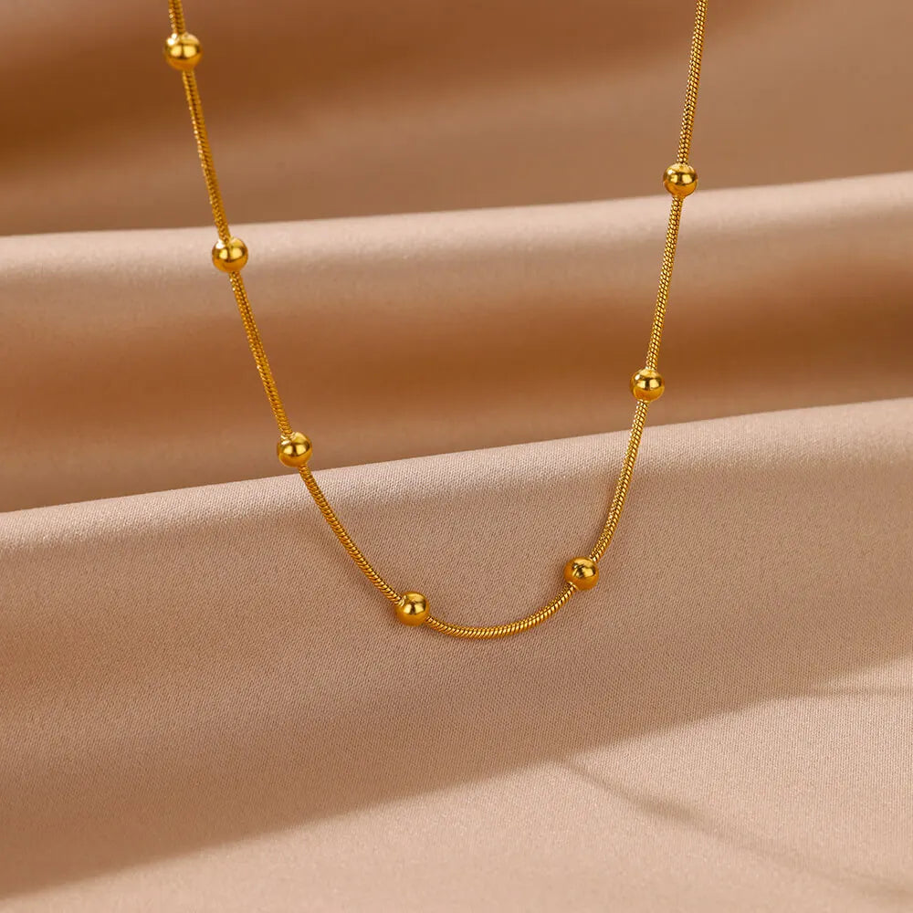 Stainless Steel Beaded Round Snake Chain Necklaces For Women Gold Color Geometric Necklace Luxury Wedding Party Jewelry Gift BFF Vera Lux