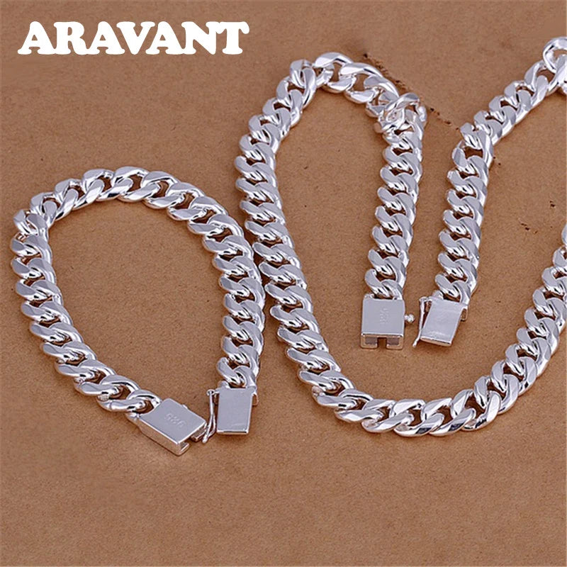 Aravant 925 Silver 10MM Necklace Bracelets Chain Set For Men Women Fashion Jewelry Vera Lux