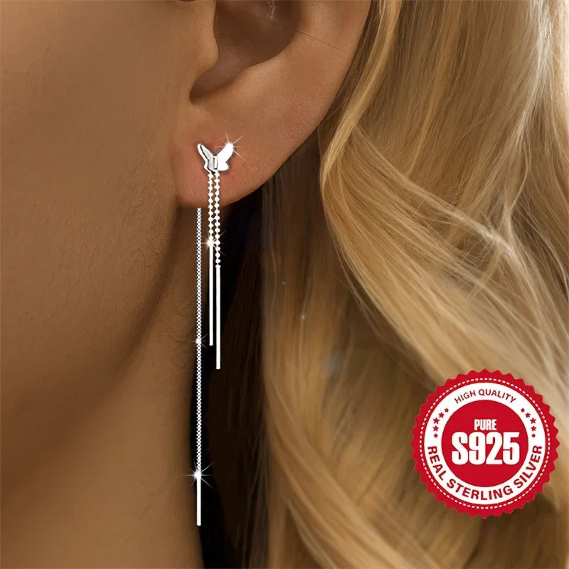 Pair of S925 Silver Butterfly Tassel Earrings for Ladies Low Allergy Sweet Girl Versatile Daily Accessory Perfect Gift for Women Vera Lux