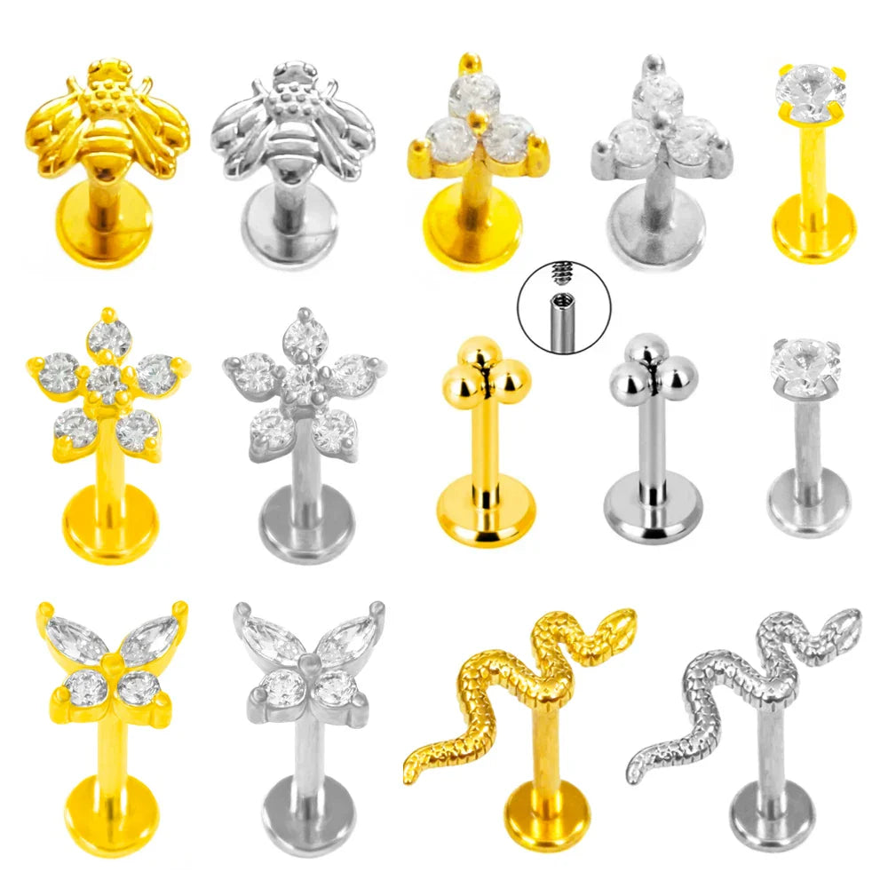 100% 316L Surgical Steel Flower Labret Piercing Butterfly Bee Tragus Snake Cartilage Helix Flat Back CZ Earrings Body Jewelry Vera Lux