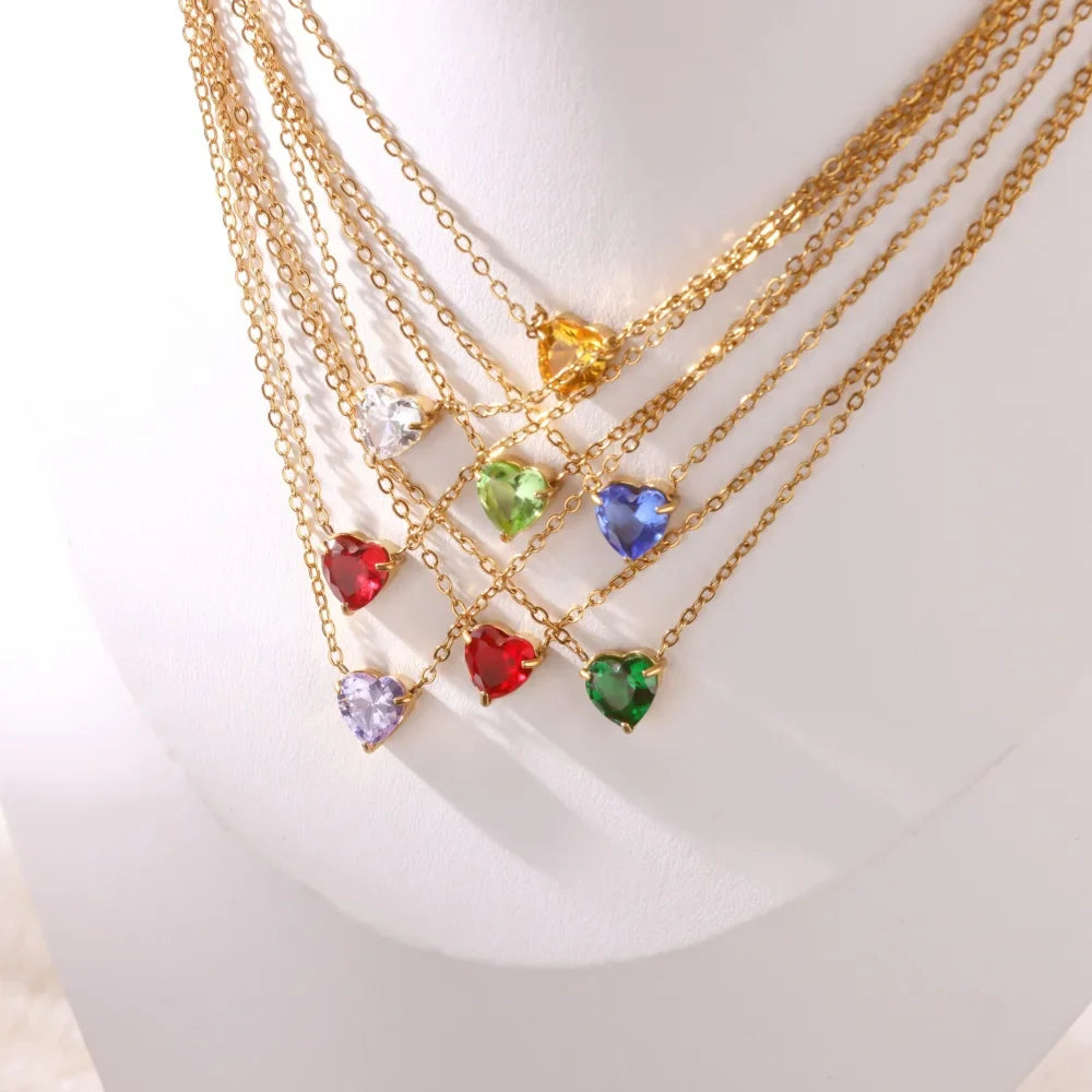 Stainless Steel Birthstone Pendant Necklace for Women Fashion Heart Crystal Zircon Charm Clavicle Chain Birthday Party Jewelry Vera Lux