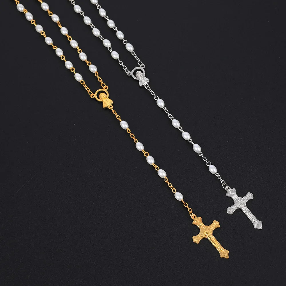 White Oval Pearl Rosary Necklace For Women Catholic Religious Crucifix Cross Pendant Gold Silver Color Chain Men Prayer Jewelry Vera Lux