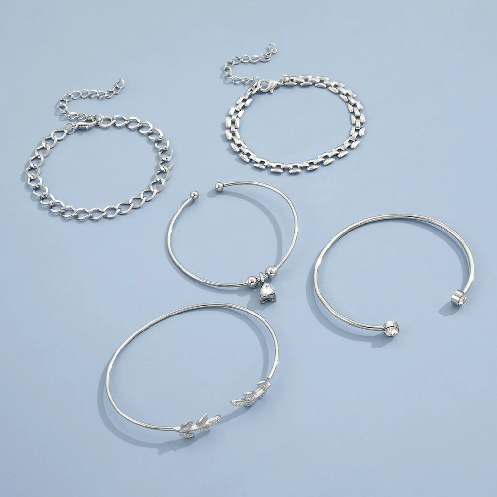 Bohemian Silver Color Geometric Link Chain Bracelet Set For Women Crystal Leaf Open Cuff Bangle Female Boho Jewelry Accessory Vera Lux