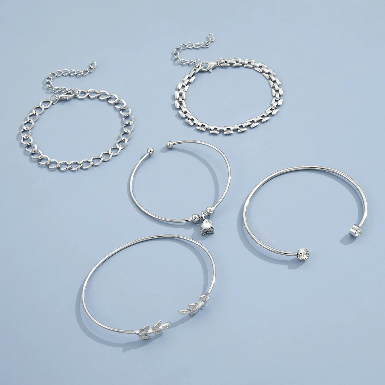 Bohemian Silver Color Geometric Link Chain Bracelet Set For Women Crystal Leaf Open Cuff Bangle Female Boho Jewelry Accessory Vera Lux
