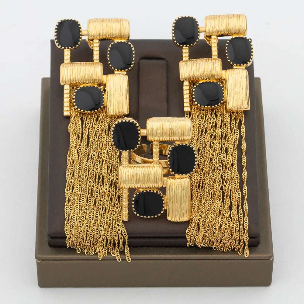 Trend Jewelry Set for Women African Gold Color Earrings and Ring Set Geometry Design Tassel Earrings Resizable Ring for Weddings Vera Lux