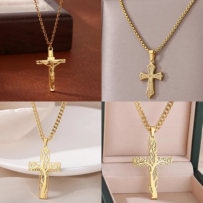 Stainless Steel Cross Necklace For Women Gold Color Chain Cross Pendant Necklaces Retro Religion Jewelry Gift bijoux femme Vera Lux