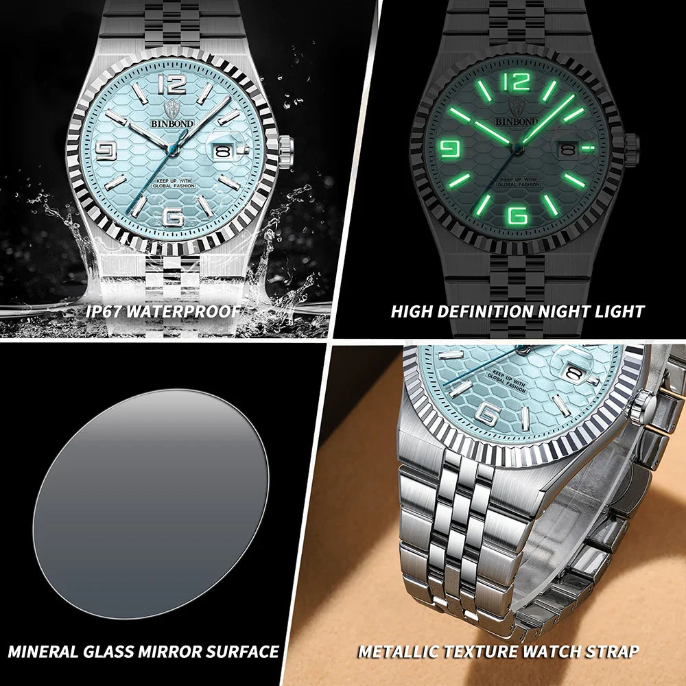 BINBOND High Quality Original Men Clock Waterproof Luminous Date Luxury Man Watch Stainless Steel Quartz Men's Watches Male Vera Lux