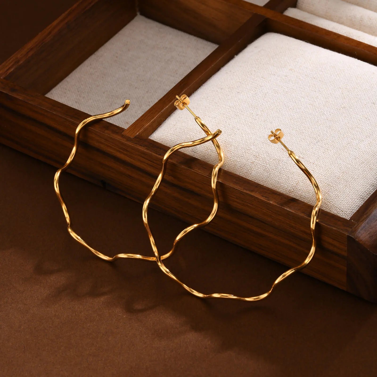 Open Hoop Earrings Women, Minimalist 18K Gold Plated Large Earrings Wave Shape Big Hoops,Stainless Steel Jewelry Vera Lux