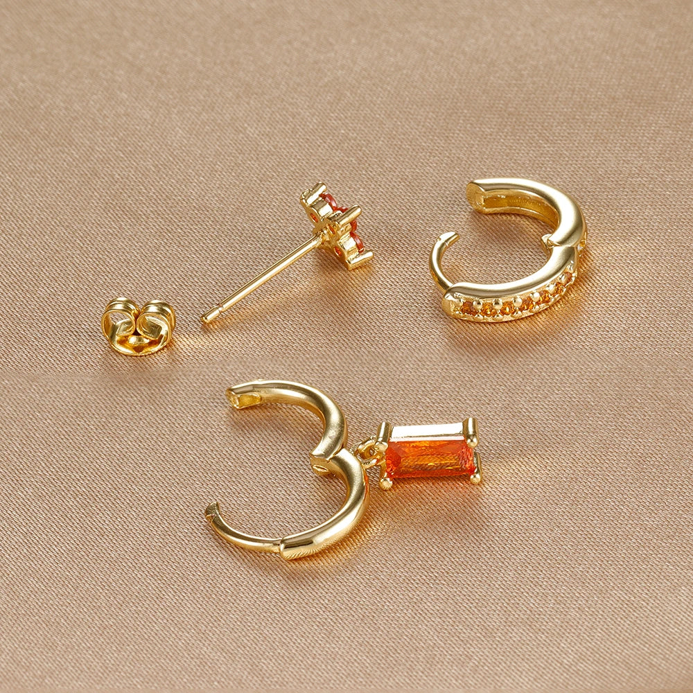 3PCS Fashion Orange Blue Zircon Hanging Earrings Set for Women Stainless Steel Flower Dangle Earring Piercing Jewelry Vera Lux