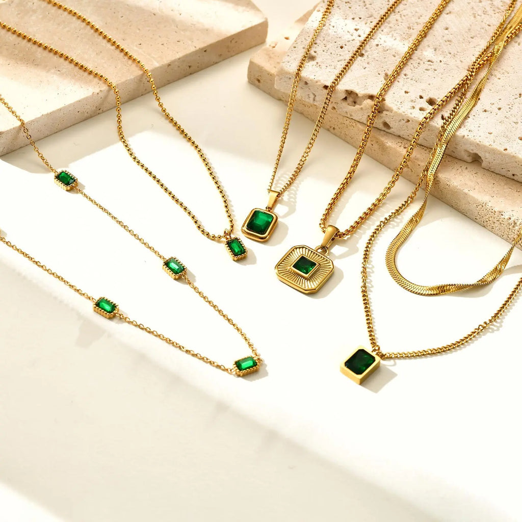 Retro Green Zircon Pendant Necklace For Women, Crystal Stone Chain Stainless Steel Gold Plated Luxury Birthday Gifts Vera Lux