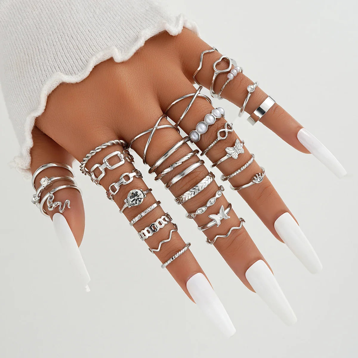 30 PCS Silver Color Geometric Ring Set For Women Vintage Heart Eye Cross Sun And Moon Leaf Charm Finger Ring Female Boho Jewelry Vera Lux