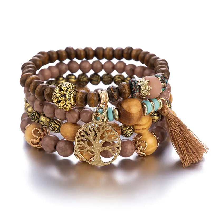 4Pcs Bohemia Tree Of Life Charm Beaded Bracelet Set For Women Handmade Wood Beads Chain Bangle Female Boho Jewelry Vera Lux
