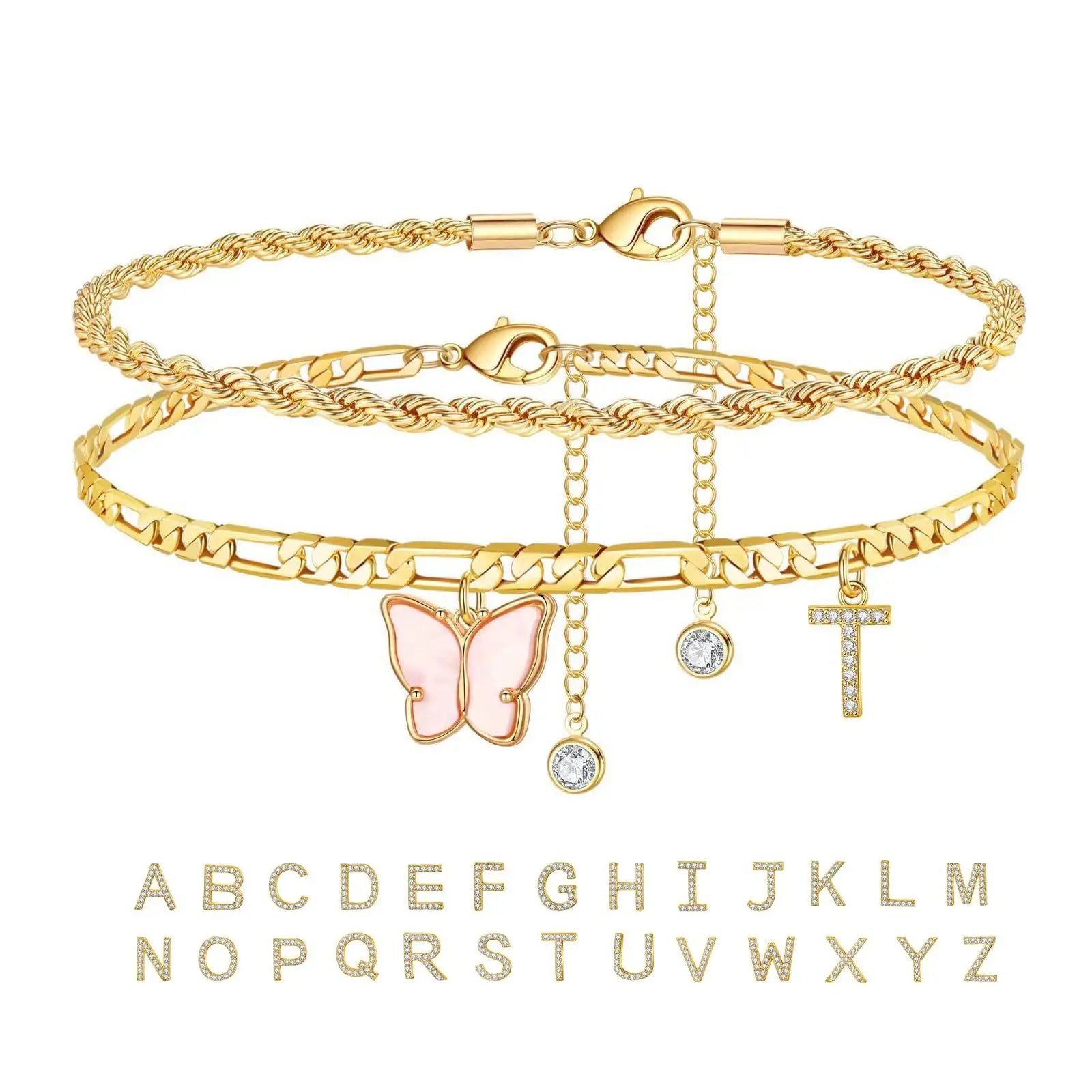 2Pcs Stainless Steel Initial Anklet Set For Women 26 Letter Acrylic Butterfly Charm Chain On Foot Summer Ankle Bracelet Jewelry Vera Lux