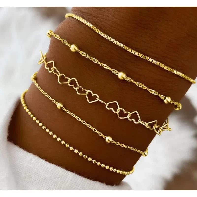 5 Pcs Set Silver Color Chain Bead Bracelets for Women Simple Elegant Vacation Beach Party Casual Jewelry Versatile Daily Wear Vera Lux