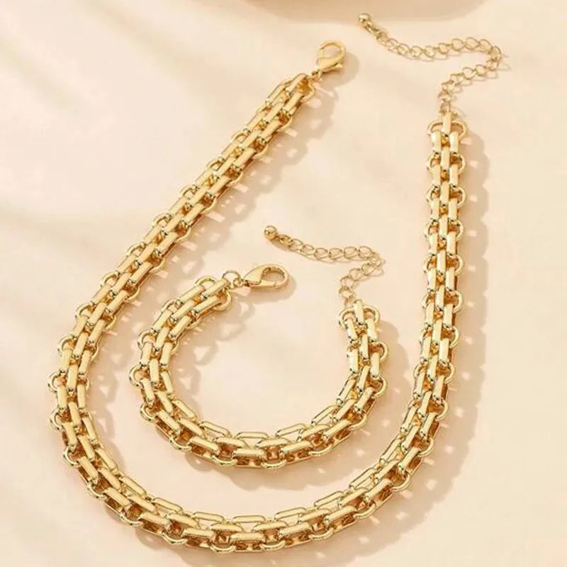 2 PCS Set Gold Color Link Chain Necklace Bracelet Set Punk Bracelet Big Link Chain Dubai Africa Party Jewelry Set Gift FOr Women Vera Lux