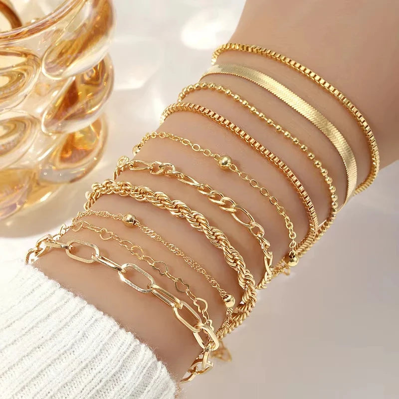 10 Pcs Vintage Statement Gold Color Flat Snake Chain Box Chain Bracelet Boho Multi-layer Metal Bracelet Women's Summer Jewelry Vera Lux