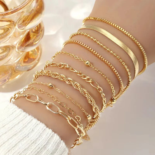 10 Pcs Vintage Statement Gold Color Flat Snake Chain Box Chain Bracelet Boho Multi-layer Metal Bracelet Women's Summer Jewelry Vera Lux