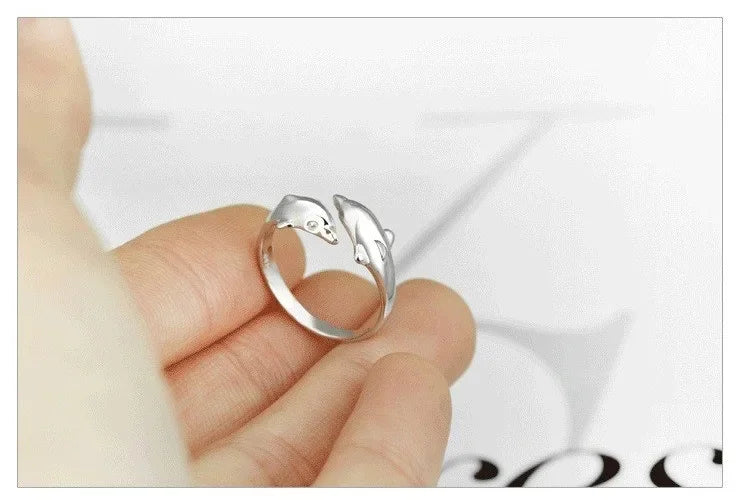 925 Sterling Silver Jewelry Open Happy Double Dolphin Love Rings For Women Party Gift Adjustable Ring Anillos Bague Vera Lux