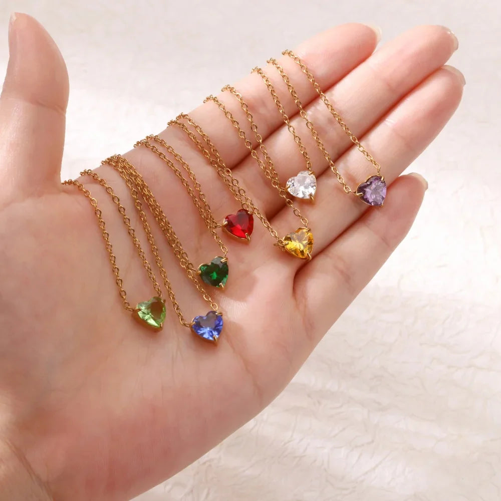 Stainless Steel Birthstone Pendant Necklace for Women Fashion Heart Crystal Zircon Charm Clavicle Chain Birthday Party Jewelry Vera Lux