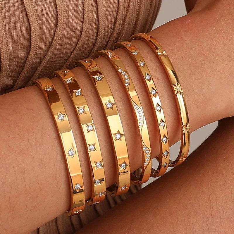 Open Adjustable Star Starburst Cuff Bangle Bracelet for Women Stainless Steel Cubic Zirconia Inlay Charm Layered Jewelry Vera Lux
