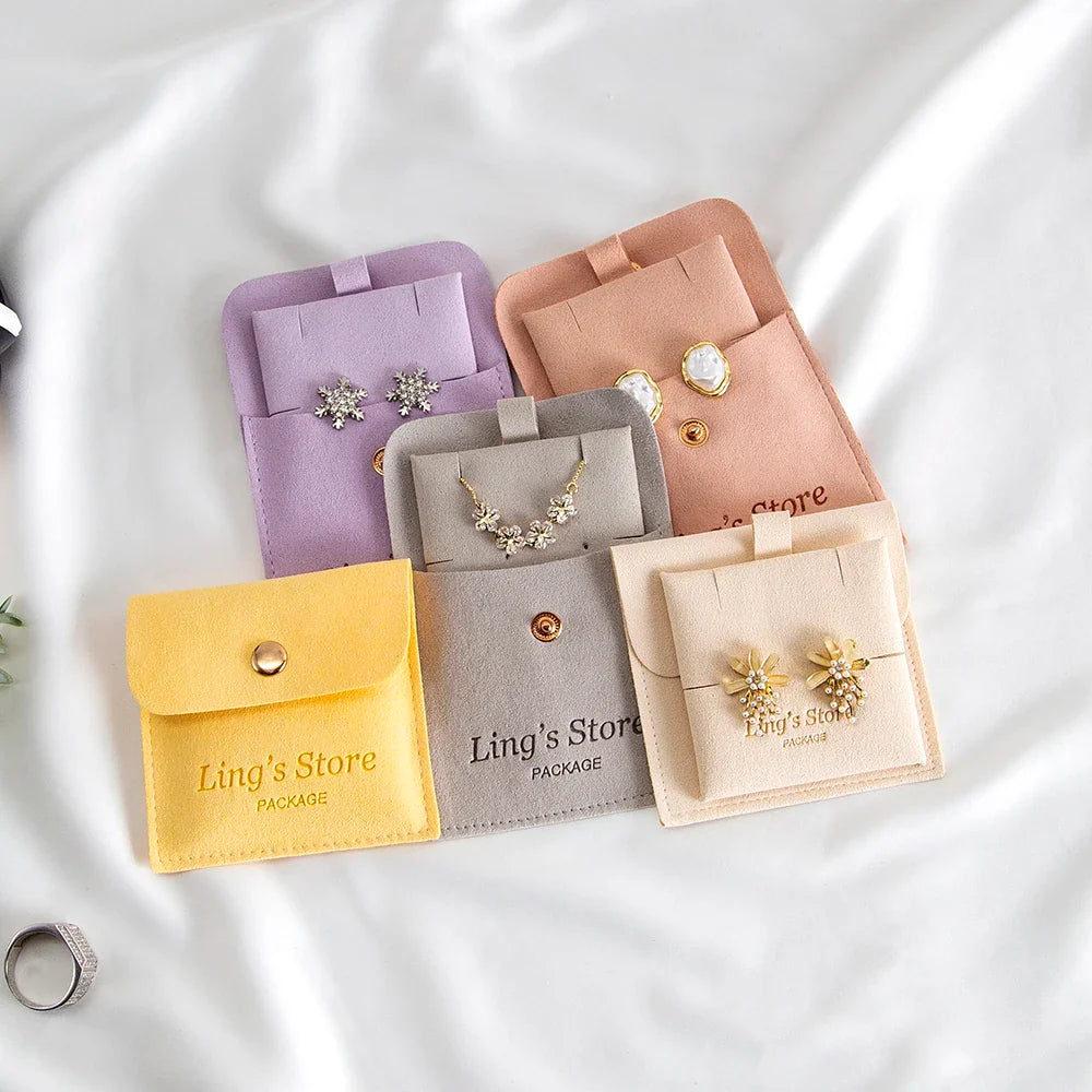 20/50/100Sets Personalized Logo Jewelry Microfiber Snap Bag 8x8cm Button Pouch Insert Luxury 6x6cm Cards Can Debossed Print Name Vera Lux