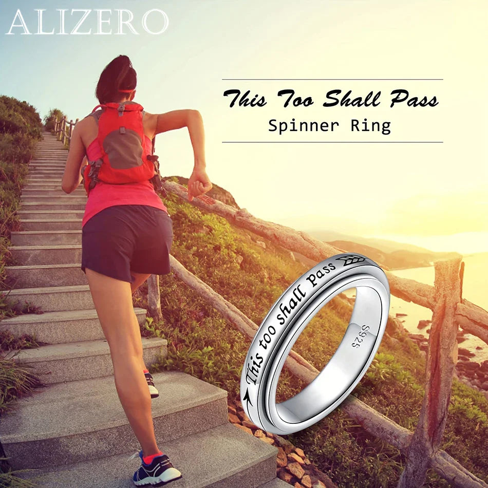 925 Sterling Silver Rotating Ring - "This Too Shall Pass" Quote, Adjustable 6-10 US Size, Bohemian Vintage Style for Women Men Vera Lux