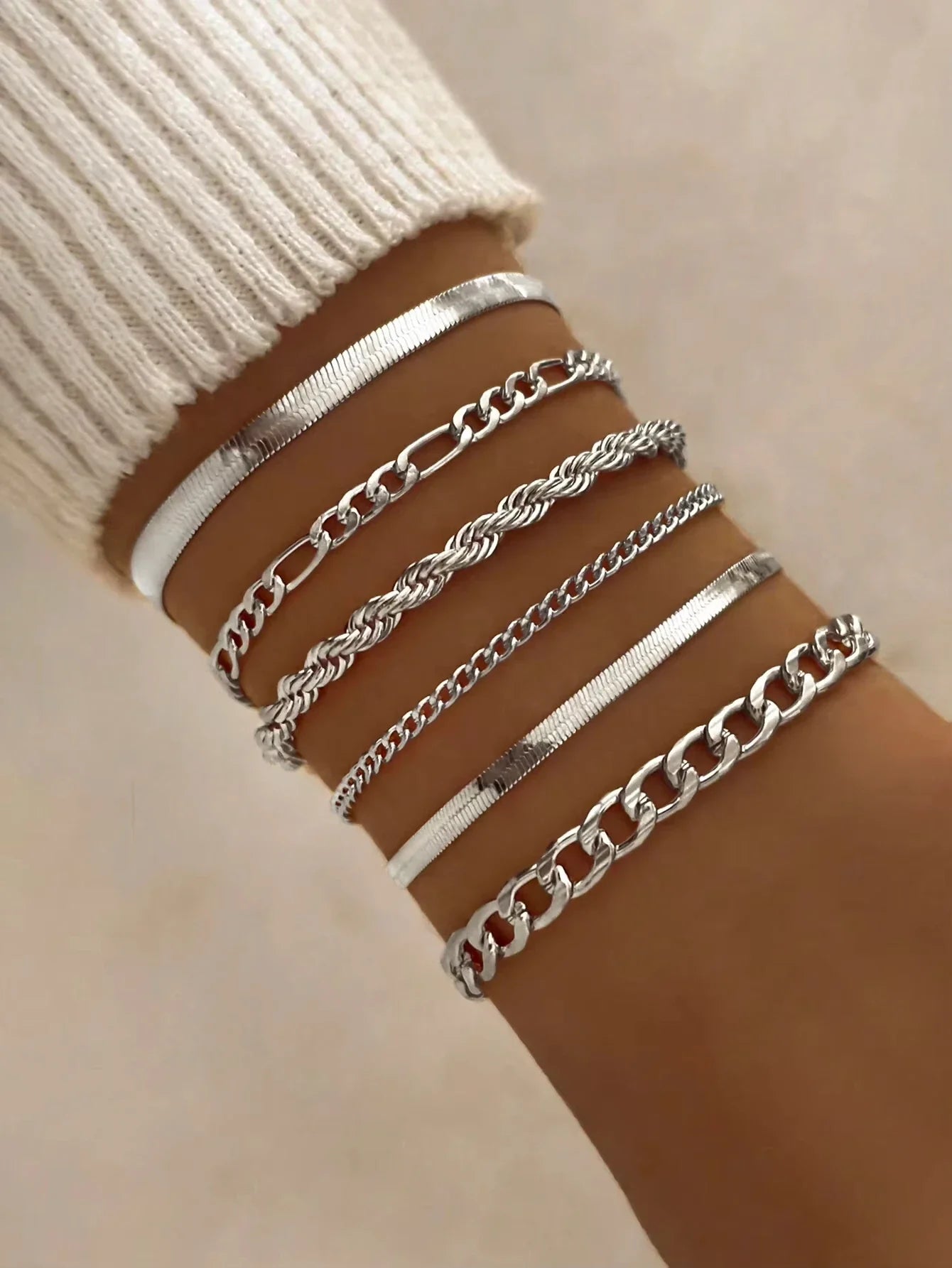 6pcs Fashion Punk Style Simple Cold Tone Chain Fashion Bracelet Set Suitable For Women's Daily Wear Vera Lux