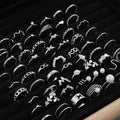 64 Pcs Silver Color Geometric Knuckle Rings Set For Women Heart Cross Leaf Pearl Charm Finger Ring Female Boho Party Jewelry Vera Lux