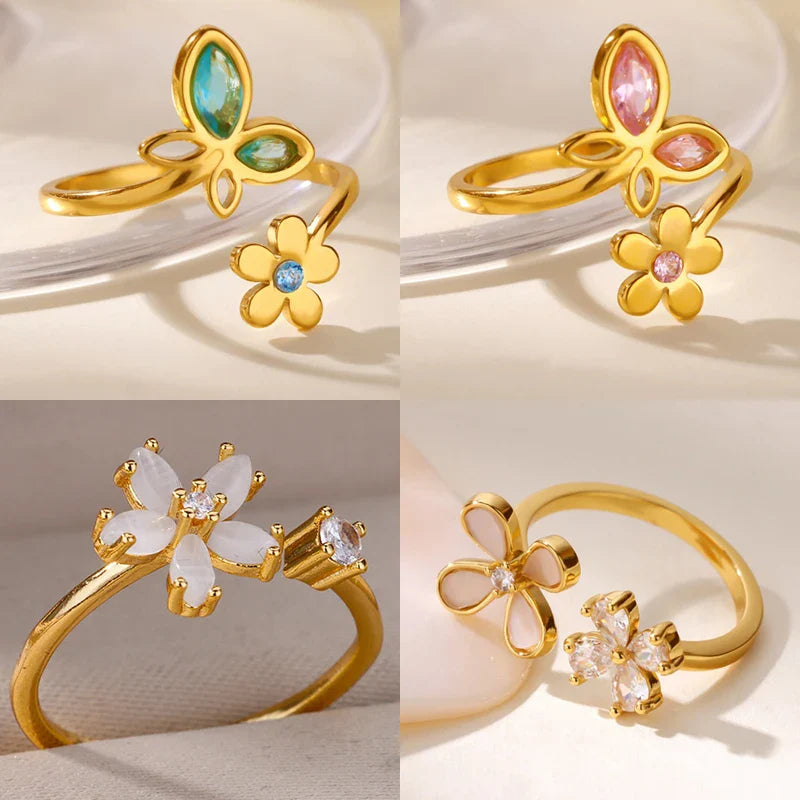 Luxury Zircon Butterfly Flower Rings for Women Stainless Steel Gold Color Cheap Ring Fashion Wedding Couple y2k Jewelry anillos Vera Lux