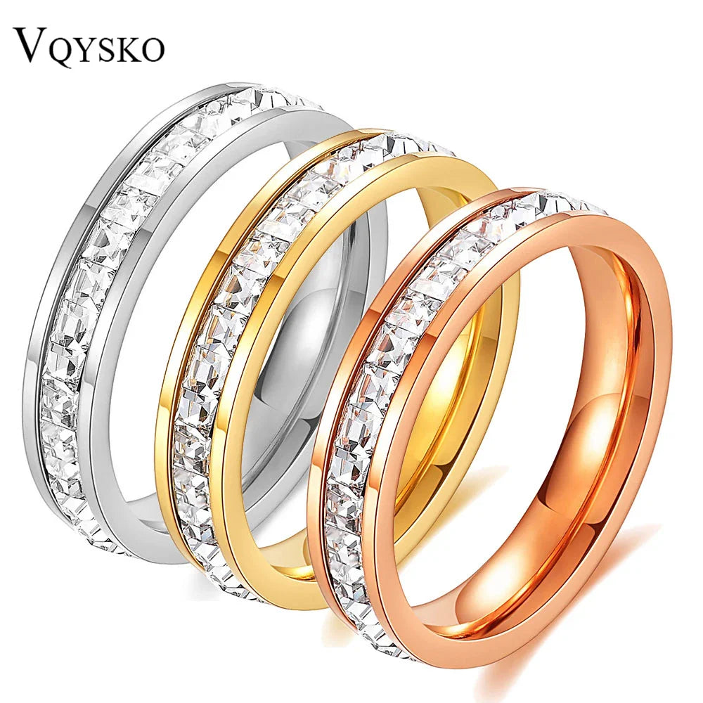 VQYSKO Square Zircon Stainless Steel Ring White Zircon Engagement Party Accessories Geometric Couple Custom Ring Vera Lux