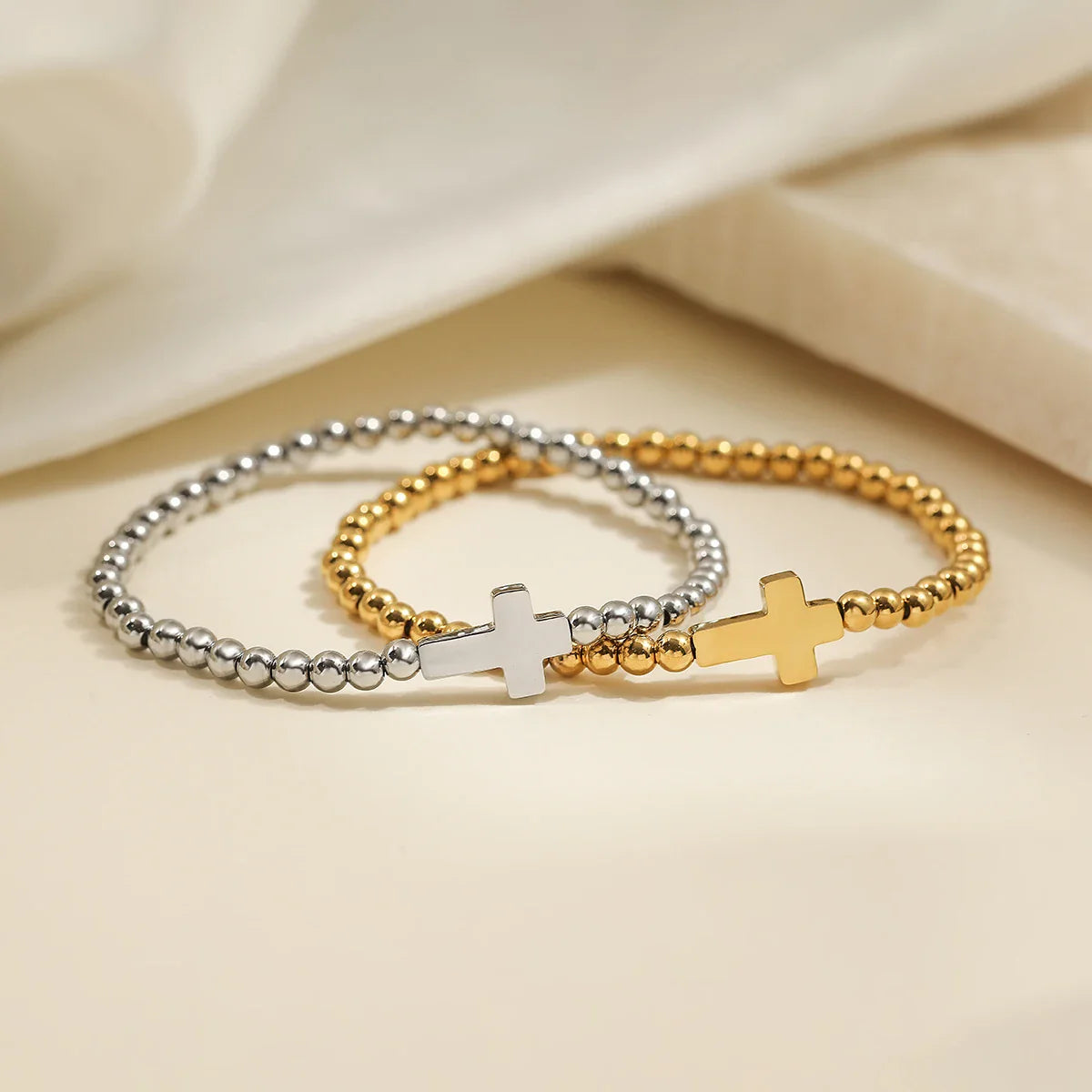 NEWBUY High Quality Non-Fading Stainless Steel Jewelry Silver/Gold Color Beads Cross Charm Bracelets For Women Men Vera Lux