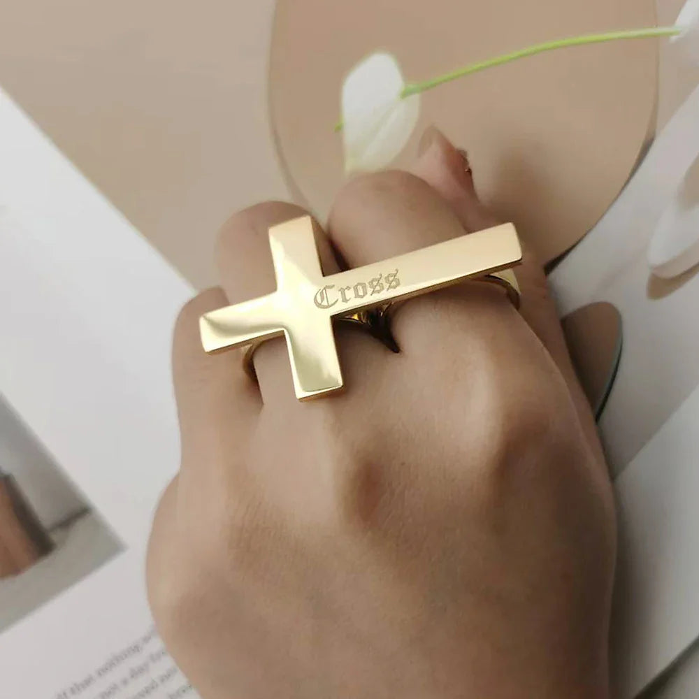 Custom Cross Ring Two Finger Ring Engraving Name Silver Stainless Steel Ring Men Knuckle Jewelry Personalized Gift for Boyfriend Vera Lux