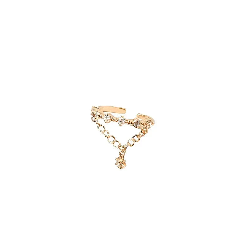 Shinny Rhinestone Gold Color Chain Star Pendant Open Rings Korean Style Woman Fashion Jewelry Wedding Party Girl's Trendy Ring Vera Lux
