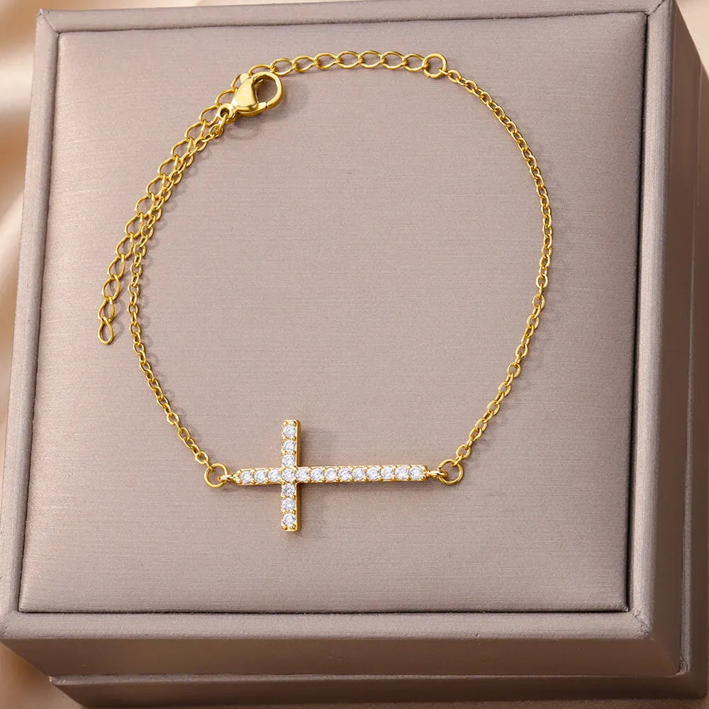 Crystal Cross Bracelets For Women Fashion Gold Plated Stainless Steel Cross Bracelet Vintage Religion Aesthetic Jewelry Gift Vera Lux