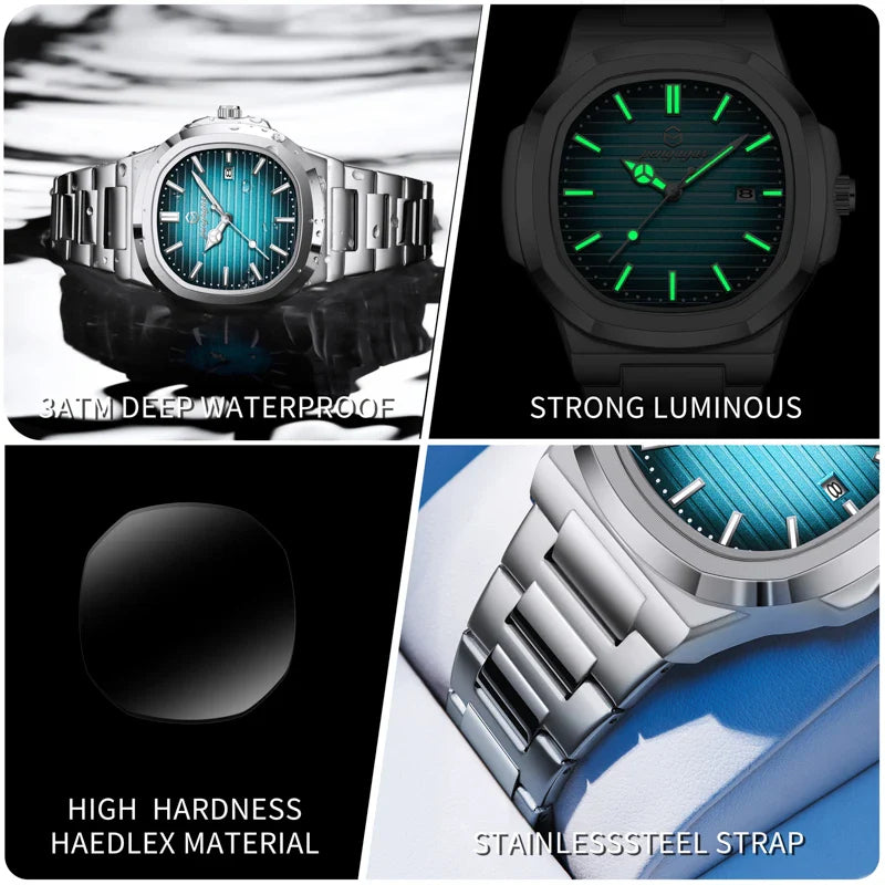 2026 New Luxury Military Man Watch Square Waterproof Luminous Date Week Men Watch Stainless Steel Quartz Men's Watches Reloj+box Vera Lux