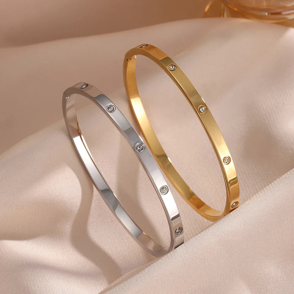 Yupsk 2 Pieces Stainless Steel Zirconia Tennis Bracelet Bangle Set Round Zircon CZ Aesthetic Women Jewelry Set Gift Vera Lux