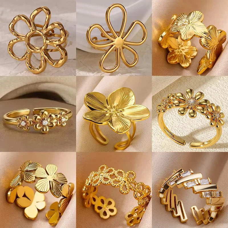 Stainless Steel Exaggerated Big Flower Rings For Women Gold Color Sunflower Finger Ring Female Fashion Aesthetic Jewelry Gift Vera Lux
