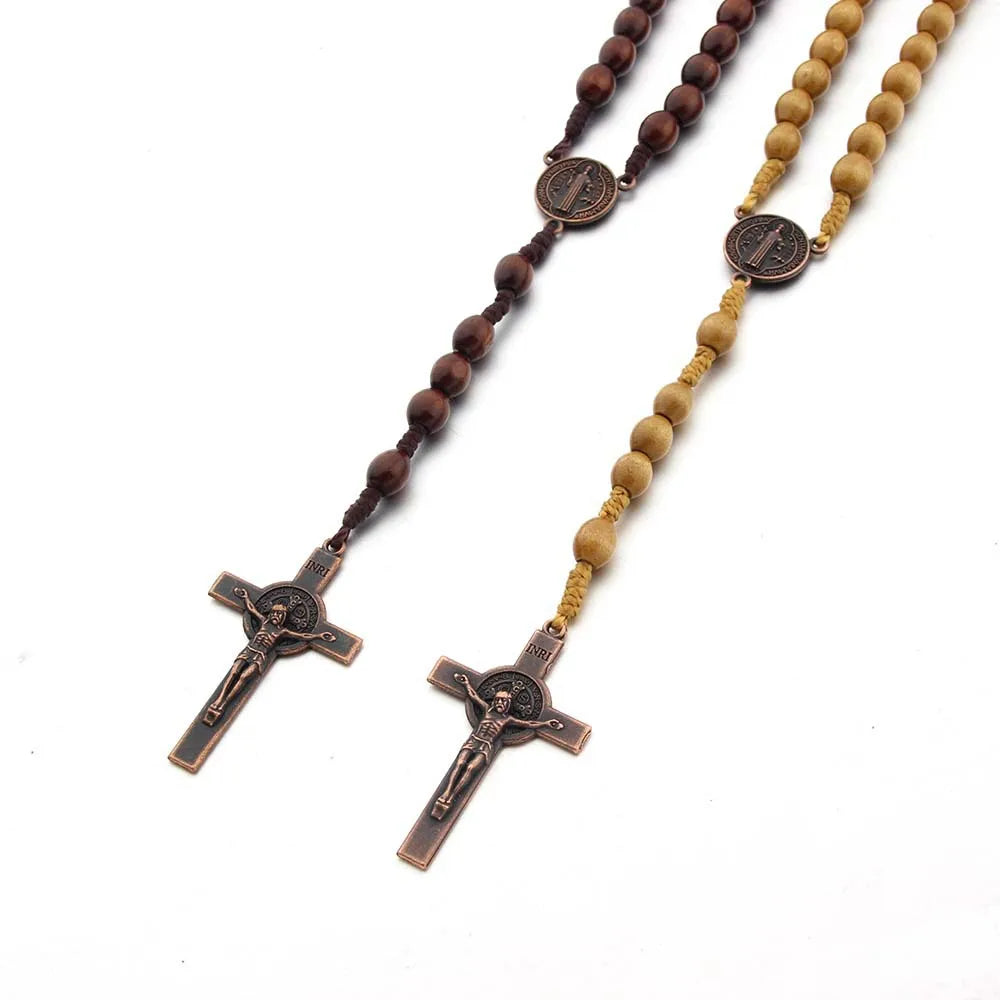 Handmade Wood Beads Rosary Necklace For Women Men Crucifix Cross Pendant Long braided Rope Chain Religious Prayer Jewelry Vera Lux