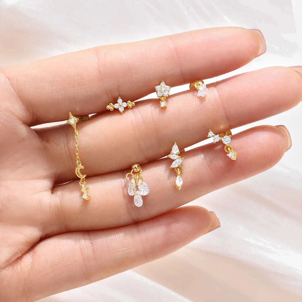 CANNER 1PC Four Pointed Star Moon Tassel Lotus Cartilage Spiral Puncture 925 Sterling Silver Stud Earring For Women Ins Earring Vera Lux