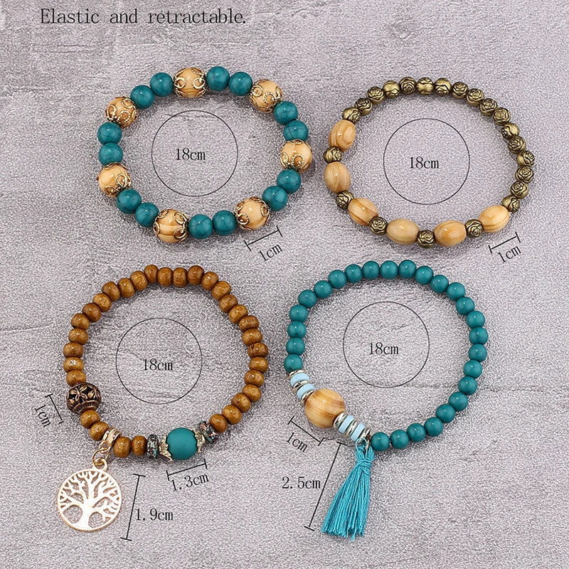 Boho Tree Of Life Bracelet Set For Women Fashion Tassels Charm Wooden Beads Elastic Chain Bangle Girl Trendy Party Jewelry Vera Lux