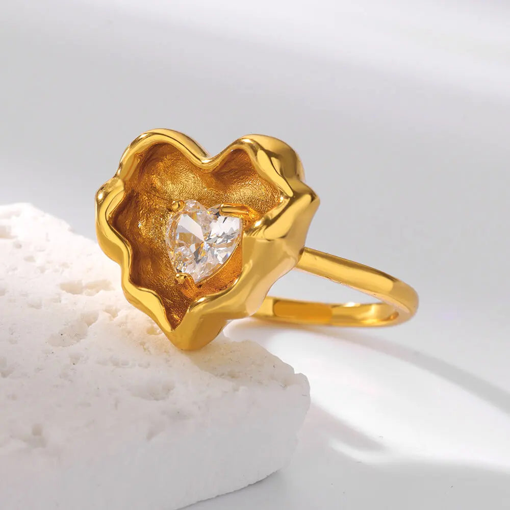 Gold Color Stainless Steel Geometric Rings for Women Zircon Heart Sun Moon Open Ring Fashion Aesthetic Jewelry Wedding Gift Vera Lux