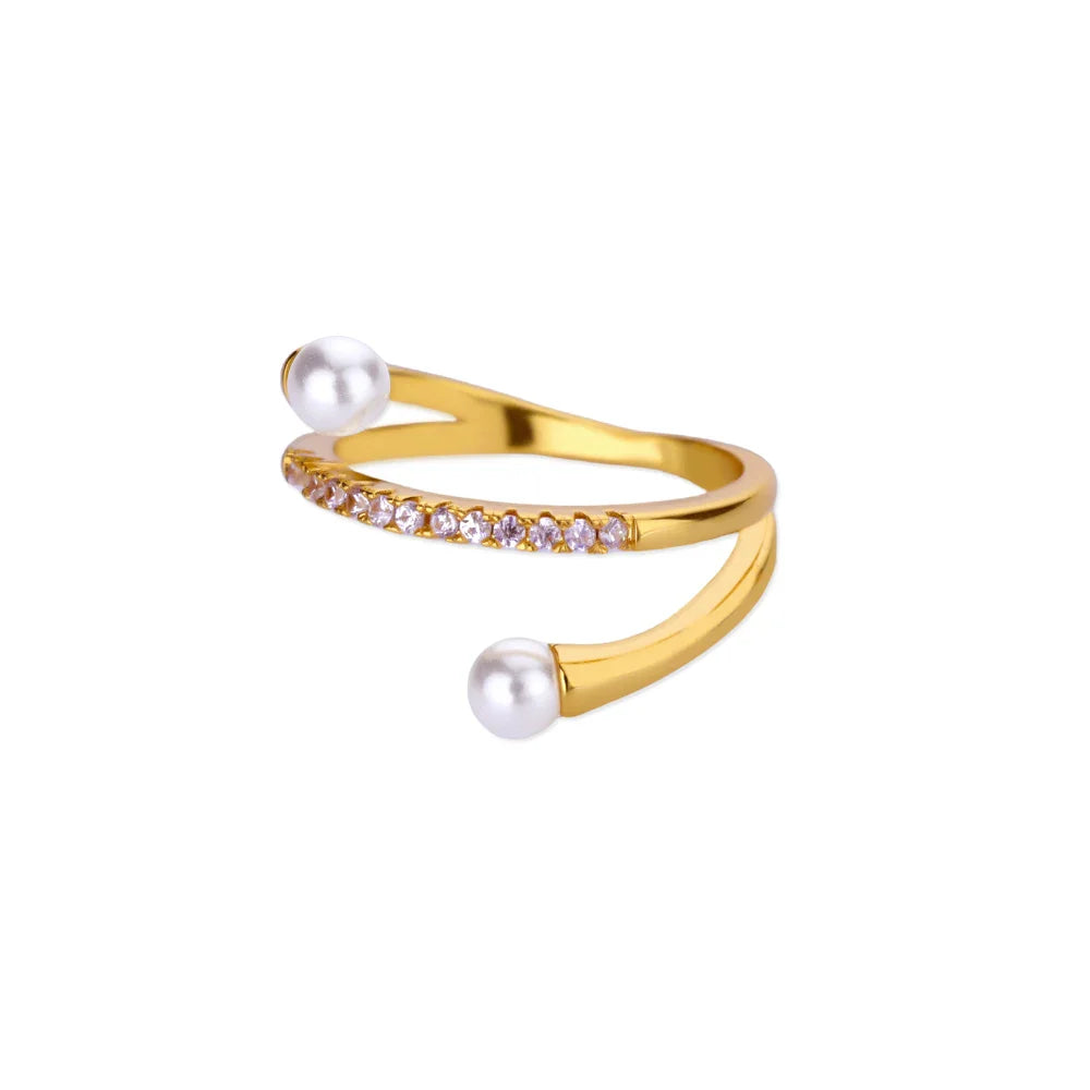 Layered Zircon Imitation Pearl Ring For Women Stainless Steel Gold Color Ring 2025 New Trend Fashion Wedding Couple Jewelry Gift Vera Lux