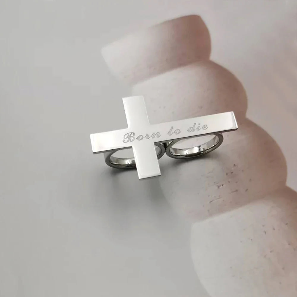 Custom Cross Ring Two Finger Ring Engraving Name Silver Stainless Steel Ring Men Knuckle Jewelry Personalized Gift for Boyfriend Vera Lux