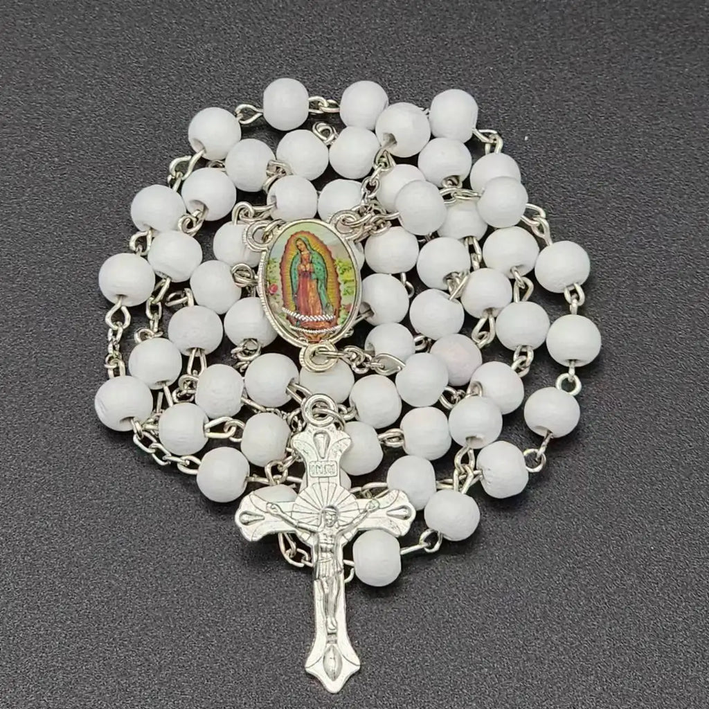 White Wooden Rosary Necklace For Women Crucifix Cross Pendant Long Chain Necklace Men  Religious Catholic Prayer Jewelry Vera Lux