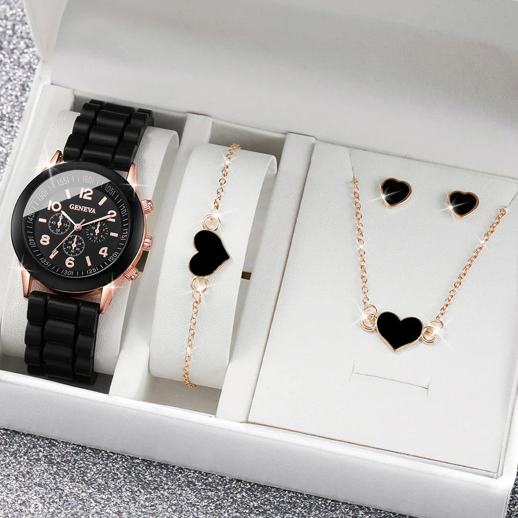 4pcs/set Geneva Watch Fashion Silicone Band Women Quartz Watches Heart Jewelry Set(Without Box) Vera Lux