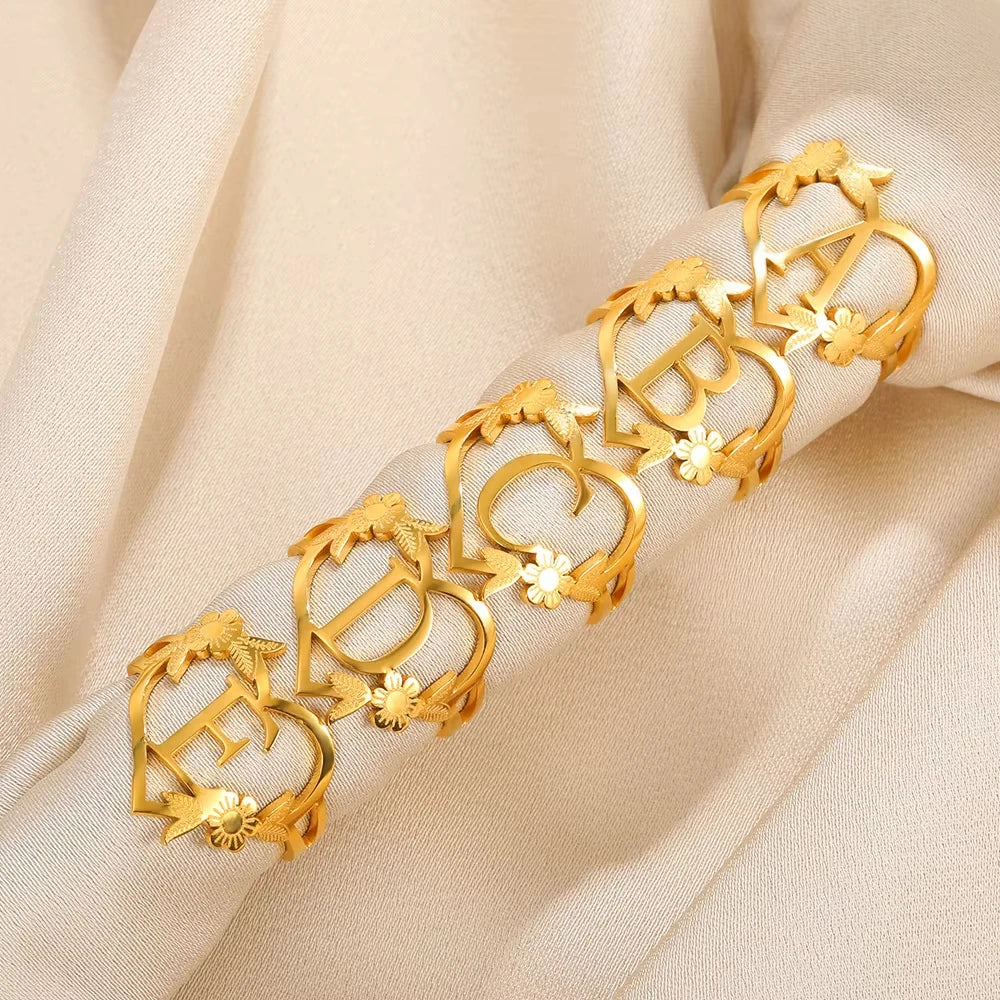 Stainless Steel Initials Letter Heart Rings for Women Girls Gold Color Flower Alphabet Ring Fashion Valentine's Day Jewelry Gift Vera Lux