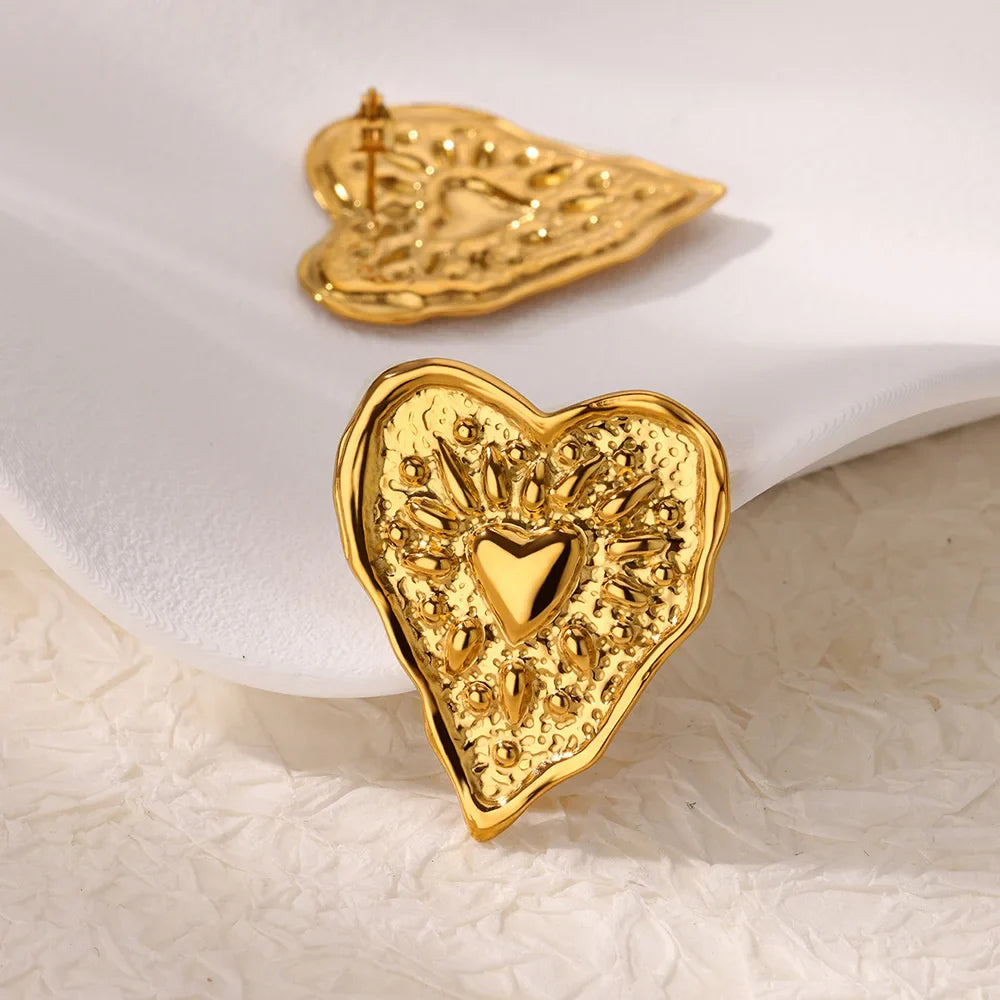 Stainless Steel Irregular Heart Texture Stud Earring for Women Gold Color Heart Wedding Aesthetic Earring Jewelry Accessories Vera Lux