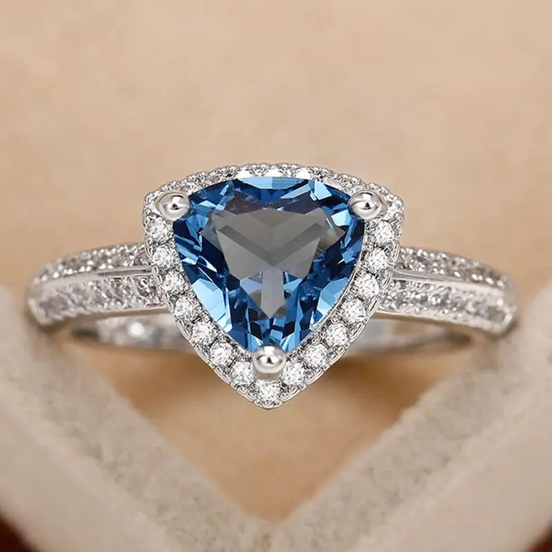 925 Sterling Silver Luxury Dark Blue Zircon Triangle Rings for Women Fashion Classic Engagement Wedding Jewelry Anniversary Gift Vera Lux