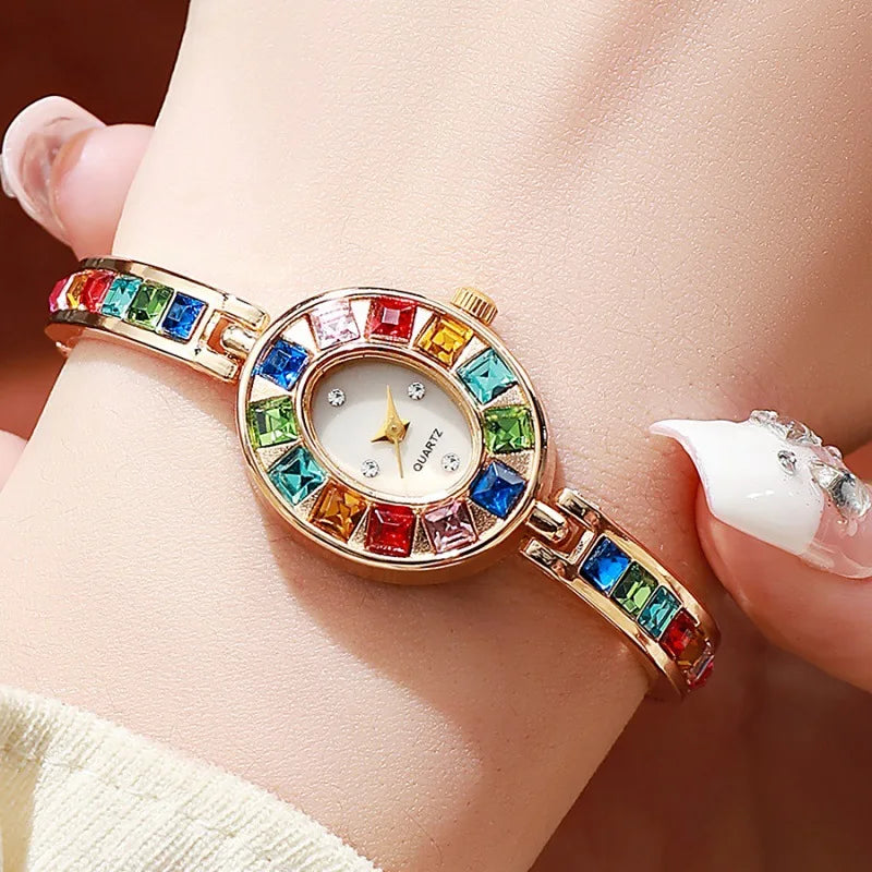Dropshipping Women Quartz Watches New Fashion Rainbow Rhinestone Strap Oval Dial Bracelet Watch Wholesale Wristwatches Reloj Vera Lux