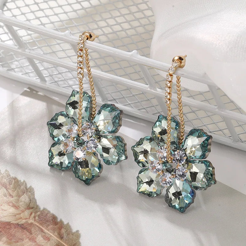 2025 New Colorful Purple Crystal Flower Dangle Drop Earrings for Women Trend Korea Fashion Luxury Wedding Party Banquet Jewelry Vera Lux